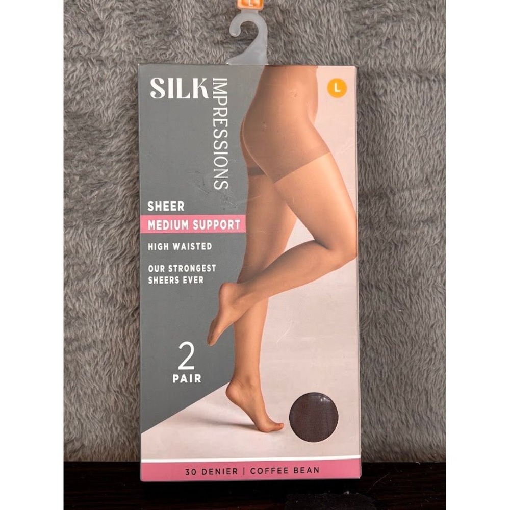 Silk Impressions 2 Pair Sheer Medium Support High Waisted Tights Coffee Bean L